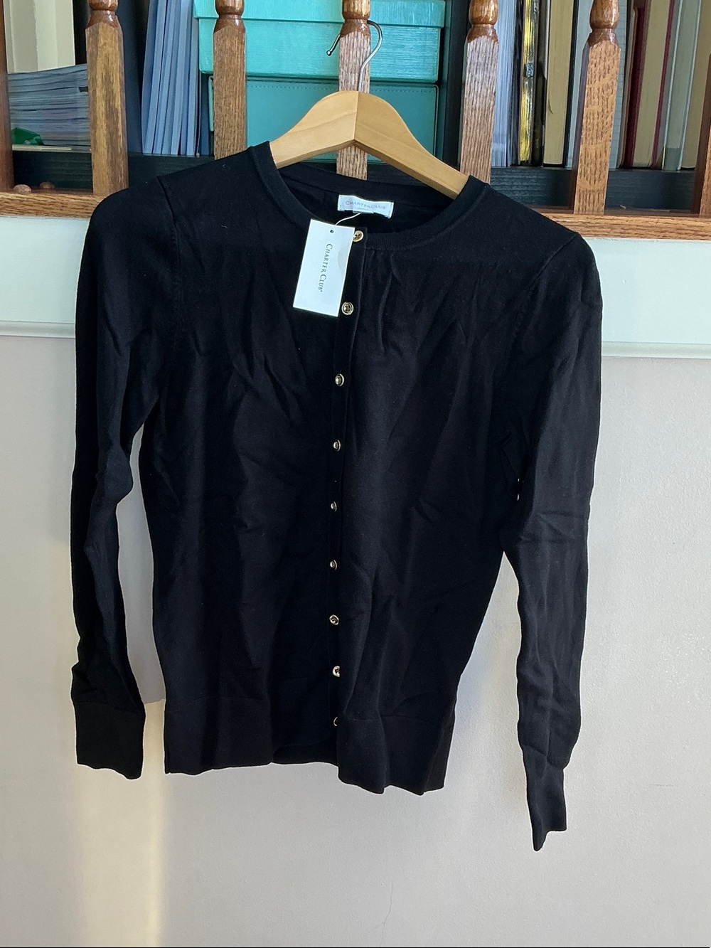 Charter Club Black Crewneck Cardigan with Gold Buttons